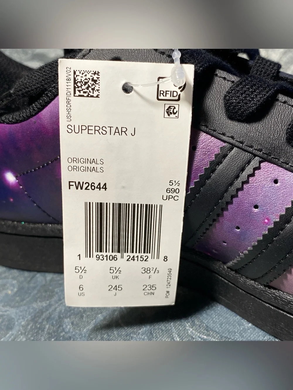 Rare ADIDAS Superstar J Galactic Galaxy Purple Sneakers - Youth 6, Women 7.5 NWT